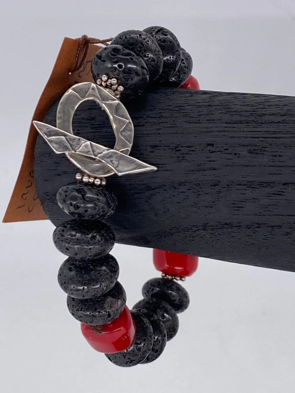 Carol Bradley Bracelet Black Lava Rock Red Coral Sterling Silver 925 Clasp
